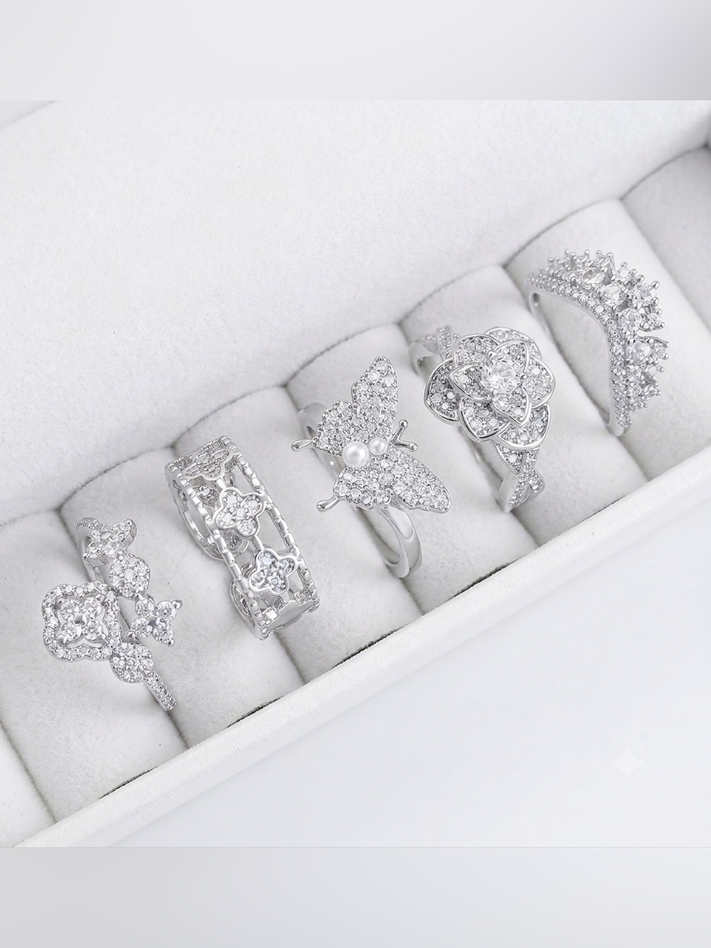 Gold Plated Silver Cubic Zirconia Butterfly & Floral Ring Set - Women Jewelry